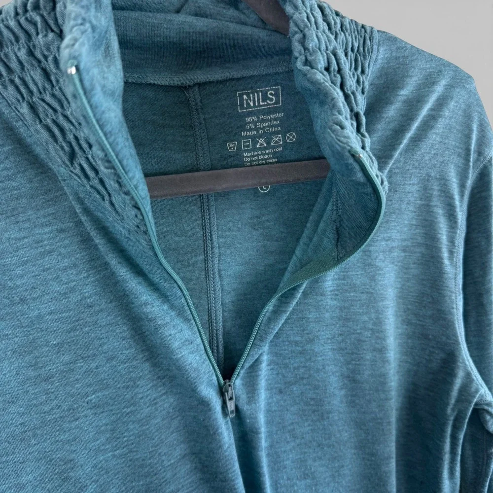 Nils Womens Quarter Zip‎ Base Layer Top Heathered Teal Blue Smocked Collar Large - Picture 4 of 5